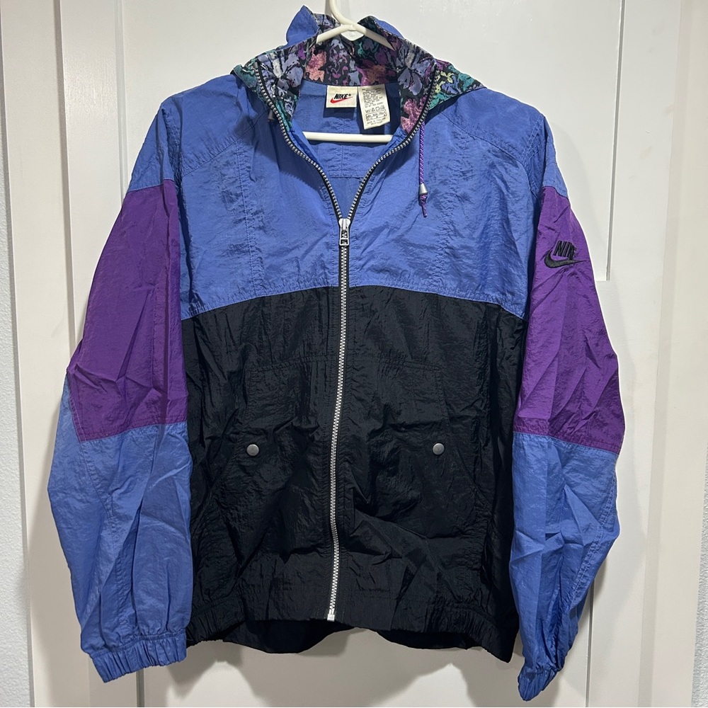 Vintage Nike Jacket Women’s Medium Windbreaker Blue Colorblock Floral 90s Hooded